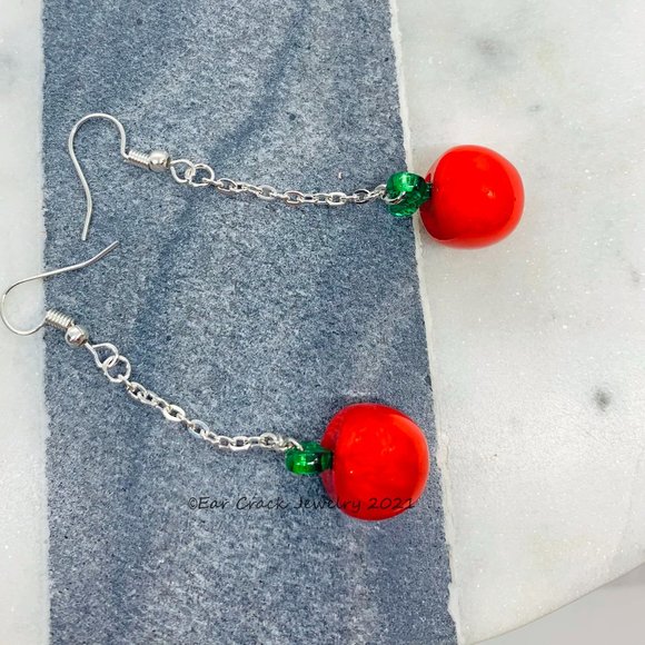 Red Apple Fruit Dangle Earrings - Picture 6 of 6